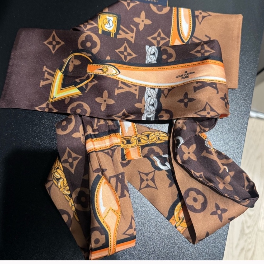 Louis Vuitton Brown Monogram silk scarf ships in dust bag